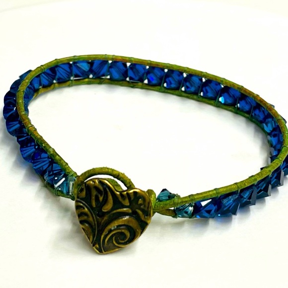 Jewelry Swarovski Blue Bicone Green Leather Wrap Bracelet Poshmark